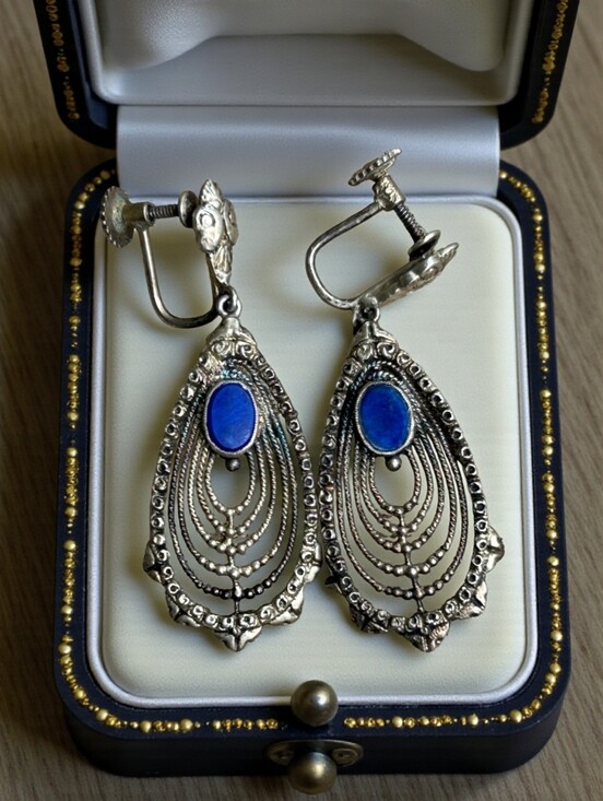Vintage Jewelry - Vintage 835 Silver German Lapis Lazuli Earrings